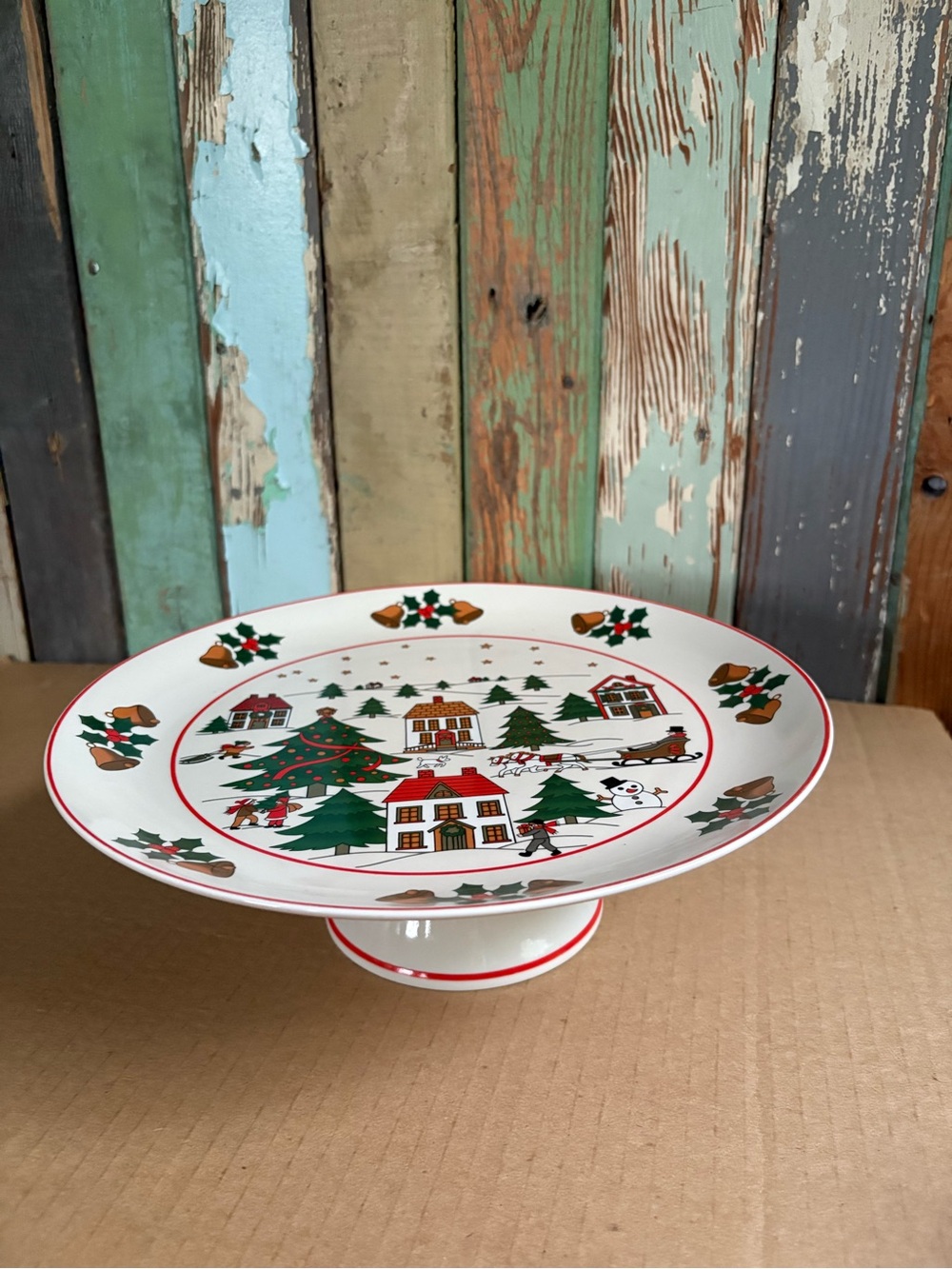 Vintage Christmas Cake Plate stand The Joy of Christmas Pedestal Cake Plate